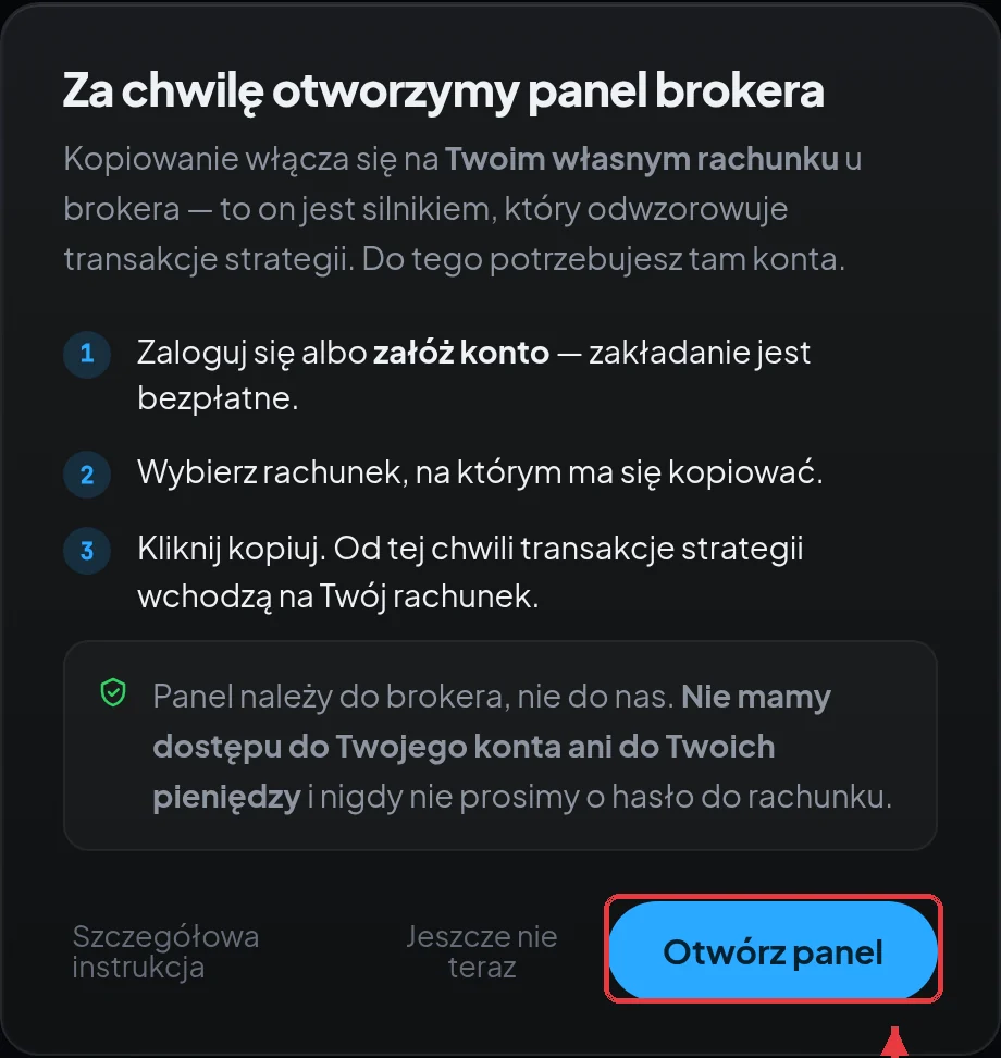 Nasze okno. Otwórz panel przenosi do brokera w nowej karcie.