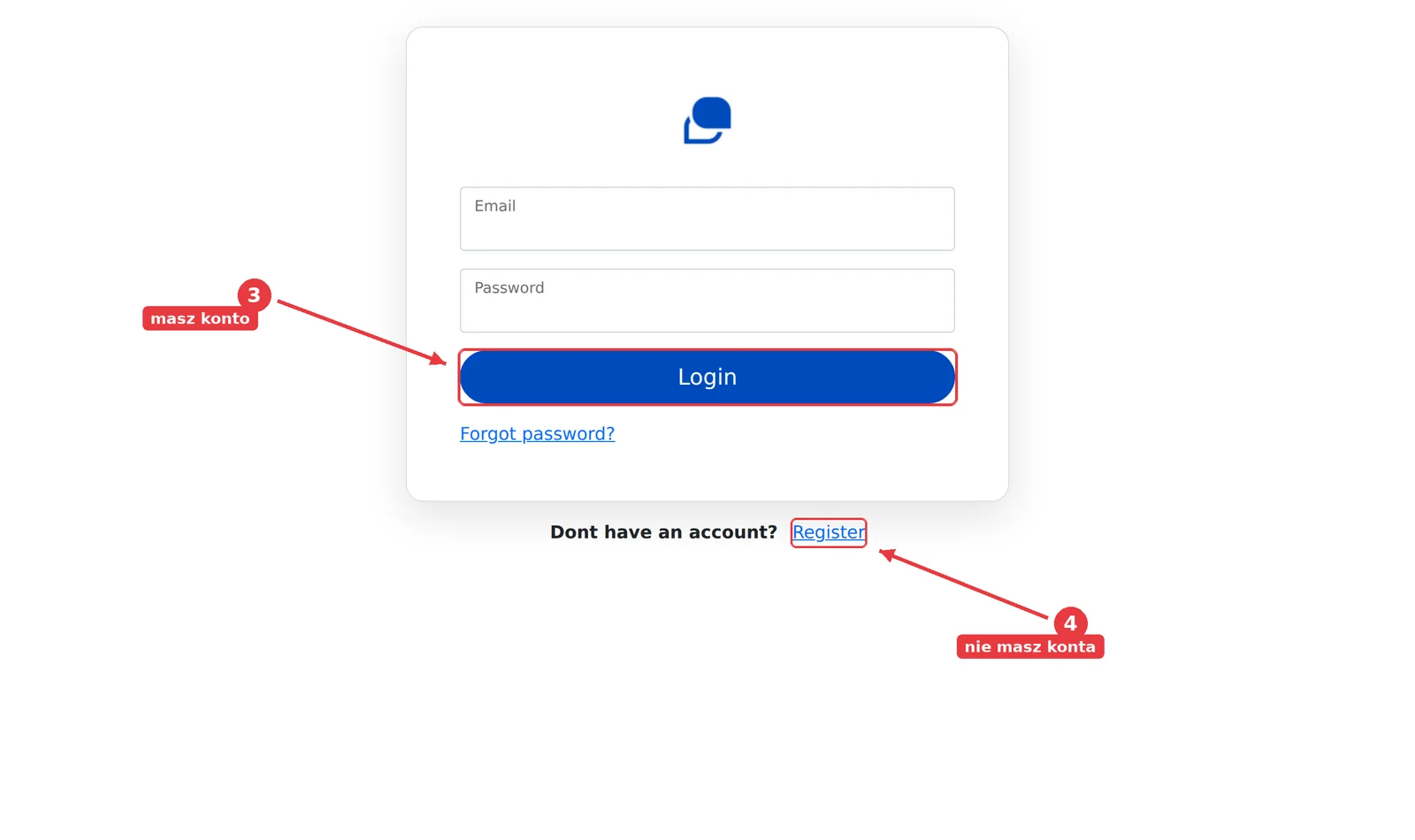 Ekran brokera. Masz konto — Login. Nie masz — Register pod ramką.