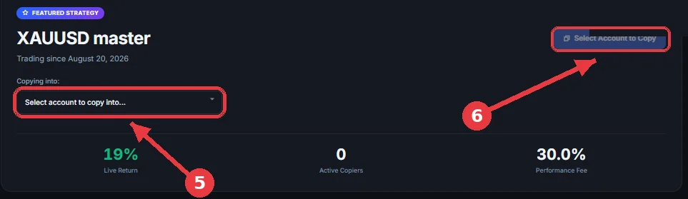 Najpierw lista Copying into, potem przycisk Select Account to Copy.